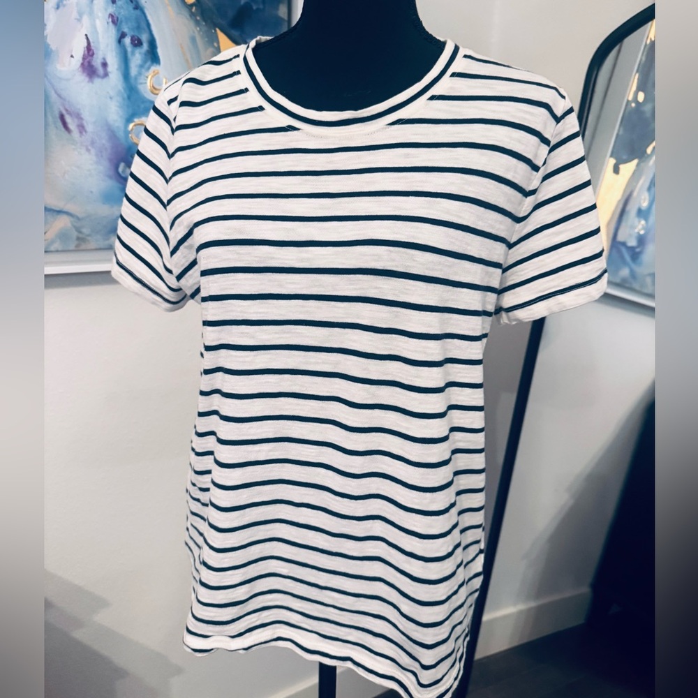 J. Crew Navy and White Stripe Girlfriend Tee L